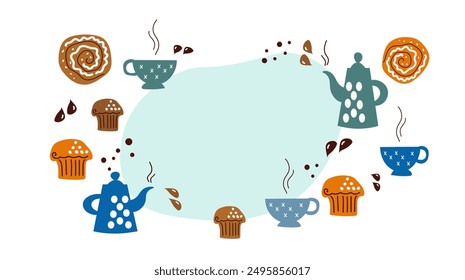 Conjunto de deliciosos y dulces pasteles, una cafetera y tazas de café. Rollos frescos y magdalenas de chocolate para el desayuno. Una Ilustración vectorial plana de dibujos animados aislada sobre un fondo blanco. Anuncio, menú