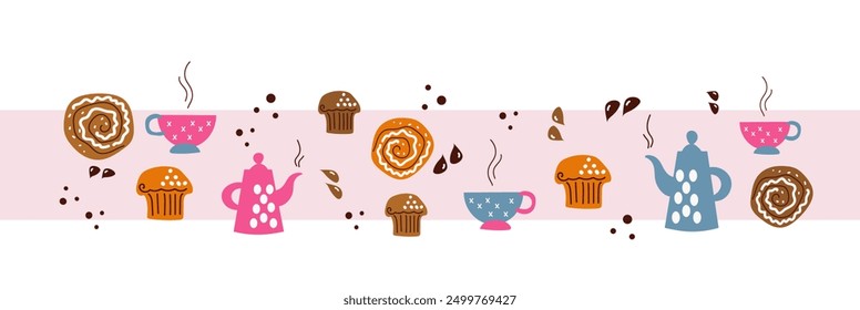 Conjunto de deliciosos y dulces pasteles, una cafetera y tazas de café. Rollos frescos y magdalenas de chocolate para el desayuno. Una Ilustración vectorial plana de dibujos animados aislada sobre un fondo blanco. Anuncio, menú