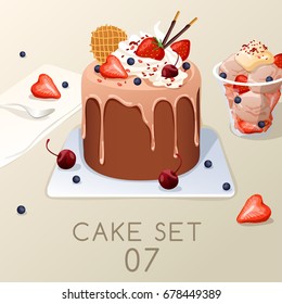 Set of delicious sweets and desserts : Cake and Ice Cream : Vector Illustration