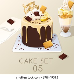 Set of delicious sweets and desserts : Cake and Milkshake : Vector Illustration