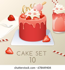 Set of delicious sweets and desserts : Cake and Milkshake : Vector Illustration