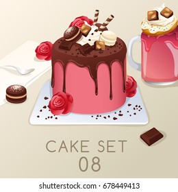 Set of delicious sweets and desserts : Cake and Milkshake : Vector Illustration