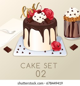 Set of delicious sweets and desserts : Cake and Milkshake : Vector Illustration