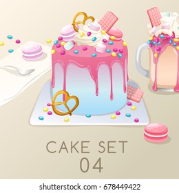 Set of delicious sweets and desserts : Cake and Milkshake : Vector Illustration