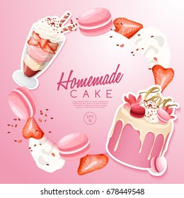 Set of delicious sweets and desserts : Cake and Milkshake : Vector Illustration