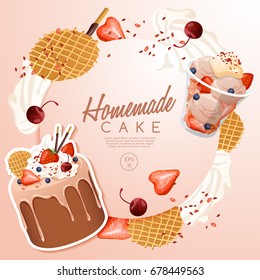 Set of delicious sweets and desserts : Cake and Ice Cream : Vector Illustration