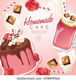 Conjunto de deliciosos dulces y postres: Pastel y Milkshake: Ilustración vectorial