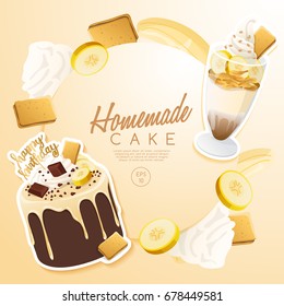 Set of delicious sweets and desserts : Cake and Milkshake : Vector Illustration