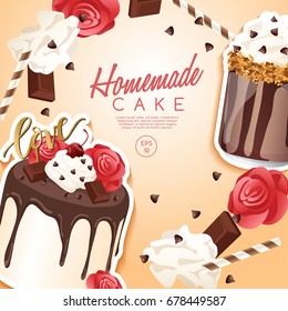 Set of delicious sweets and desserts : Cake and Milkshake : Vector Illustration