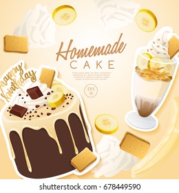 Set of delicious sweets and desserts : Cake and Milkshake : Vector Illustration