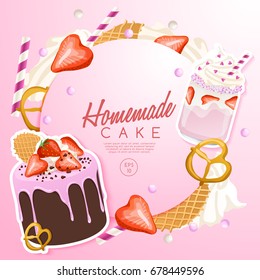 Set of delicious sweets and desserts : Cake and Milkshake : Vector Illustration