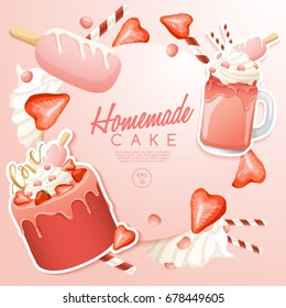 Set of delicious sweets and desserts : Cake and Milkshake : Vector Illustration