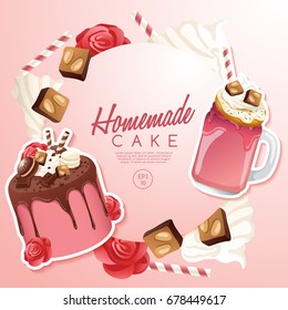 Set of delicious sweets and desserts : Cake and Milkshake : Vector Illustration