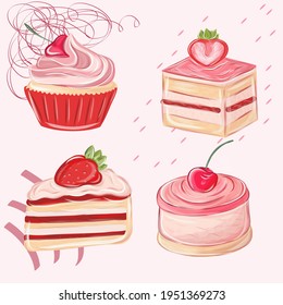 Set of delicious sweets and desserts cartoon icons eps10. Isolated set of baked food, goods with mouse.