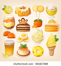 Set of delicious sweets and desserts with citrus flavors