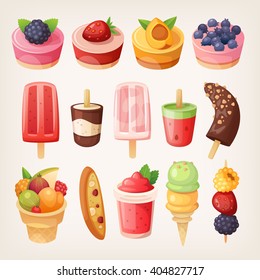 Set of delicious sweets and desserts with fruits. Isolated vector objects.