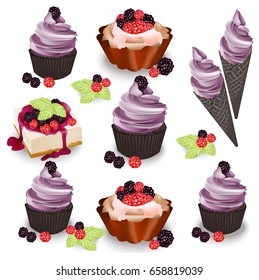 Set of delicious sweets and desserts with fruits. Summer confectionery bakery treats Vector