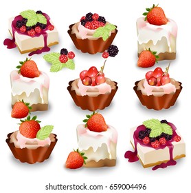 Set of delicious sweets and desserts with fruits. Summer confectionery bakery treats Vector