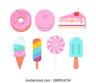 Set of delicious sweets, desserts and ice cream vector illustration with smile face