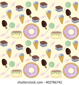 Set of delicious sweets, desserts and ice cream. Vector.