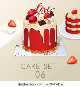 Set of delicious sweets and desserts : Red Velvet Cake : Vector Illustration