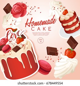 Set of delicious sweets and desserts : Red Velvet Cake : Vector Illustration