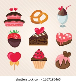 Set of delicious sweets and desserts with strawberry flavor for valentine day