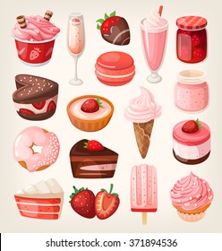 Set of delicious sweets and desserts with strawberry flavor for valentine day
