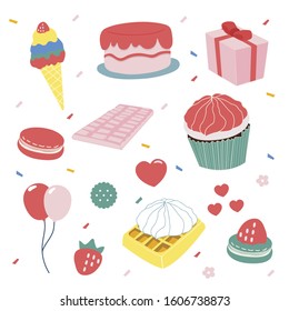 Set of delicious sweets and desserts for valentine day. Sweet heart postcard with sweets.