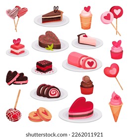 Set of delicious sweets and desserts for Valentine Day or romantic event cartoon vector illustration
