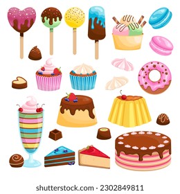 Set of delicious sweets. Vector illustration of chocolates, cakes and ice cream.