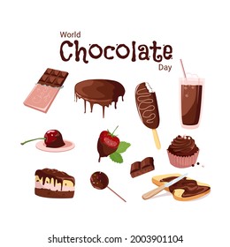 A set of delicious treats for the Chocolate Day Holiday. Chocolate bar, cocoa drink, icing, ice cream, berries, chocolate paste, cake and cupcakes on a white background