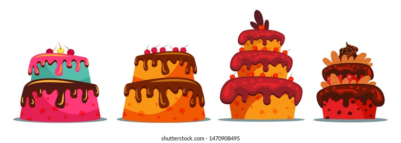 Set of delicious two and three tier cake vector illustration. Sweet multi layered dainty with creamy icing. Confectionery, candy shop menu item. Tasty confection, homemade delicacy, bakery product