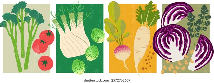 A set of delicious, vibrant and colorful vegetable illustrations. Broccolini, Tomatoes, Fennel, Brussel's Sprout, Turnip, Parsnip, Red Cabbage, Butter Beans, Parsley.