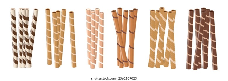 Set of delicious wafer rolls in cartoon style. Vector illustration of striped waffle tubes with different fillings: chocolate, nut, condensed milk, dairy isolated on white background. Sweet dessert.