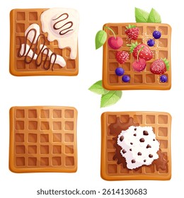 A set of delicious waffles with fresh berries, chocolate, cottage cheese and ice cream on a purple background. The concept of confectionery, baking, cooking. Isolated vector illustration