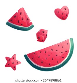 A set of delicious watermelon slices of different shapes on a white background. The concept of summer, summer sweets. Isolated vector illustrations for menu design, posters, banners, covers