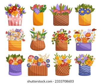 Set of Delightful Arrangement Of Fresh Flowers In A Charming Baskets, Perfect For Gifting Or Brightening Up Any Space With Its Vibrant Colors And Sweet Fragrance. Cartoon Vector Illustration