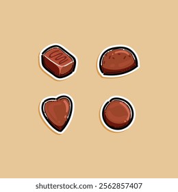 A set of delightful hand drawn chocolate designs with various shapes on a beige background, conveying sweetness and creativity. Perfect for dessert, food, or confectionery themed visuals and projects.