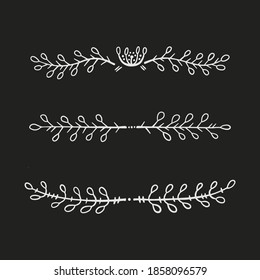 A set of delimiter lines for text decoration. Design elements in doodle style. Natural style, branches, plants. White chalk outline on a black background.
