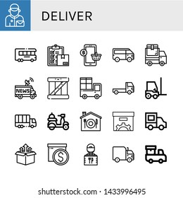 Set of deliver icons such as Postman, Truck, Delivery, Mobile, Van, Delivery truck, Box, Forklift, Home delivery, guy , deliver