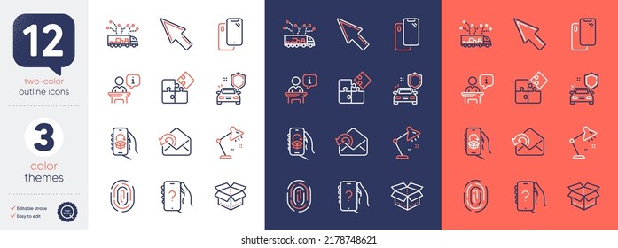 Set of Delivery app, Puzzle and Open box line icons. Include Car secure, Mouse cursor, Ask question icons. Truck delivery, Fingerprint, Table lamp web elements. Smartphone, Podium, Send mail. Vector