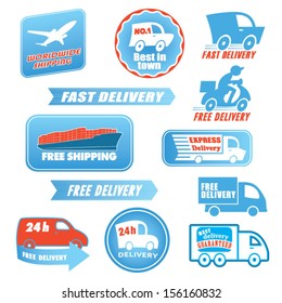 Set of delivery badges. Blue and red shipping signs collection. Labels illustration vector isolated on white background. Worldwide shipping, 24h, best in town, express, free, fast, best guaranteed.