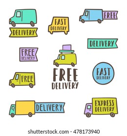 Set of delivery badges. Vector hand drawn illustration