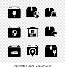 Set Delivery box with fragile content, security shield, Cargo ship boxes, Location cardboard,  and Warehouse icon. Vector