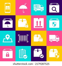Set Delivery box security shield, cargo truck vehicle, Free delivery service, Locked package, with umbrella, Mobile app tracking and Cardboard traffic icon. Vector