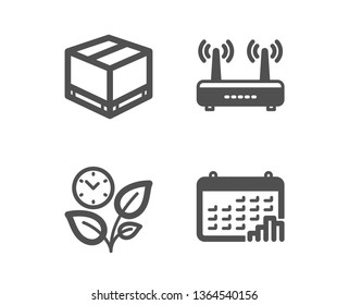 Set of Delivery box, Wifi and Leaves icons. Calendar graph sign. Cargo package, Internet router, Grow plant. Annual report.  Classic design delivery box icon. Flat design. Vector
