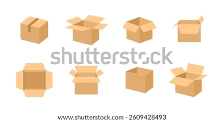 A set of delivery cardboard boxes. Carton packaging box collection for storage, shipment. Isometric empty blank packs for cargo, food, gift isolated on white background