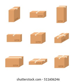 Set delivery cardboard boxes different sizes carton vector isolated on white background. Cardboard boxes pack with handling packing icons. Closed parcel box, package paper boxes in flat style.