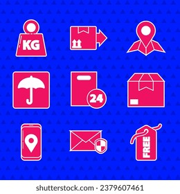 Set Delivery with cardboard boxes, Envelope shield, Price tag Free, Carton, Mobile app delivery tracking, Umbrella, Placeholder map paper and Weight icon. Vector